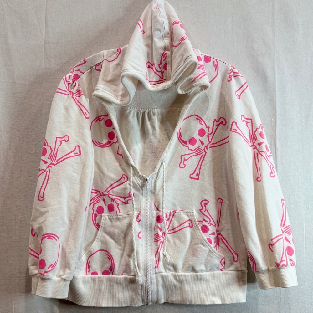 Vintage Victoria Secret Pink Skull & Bones Zip Hoodie Grunge Princess L Y2K PUNK - Picture 3 of 11
